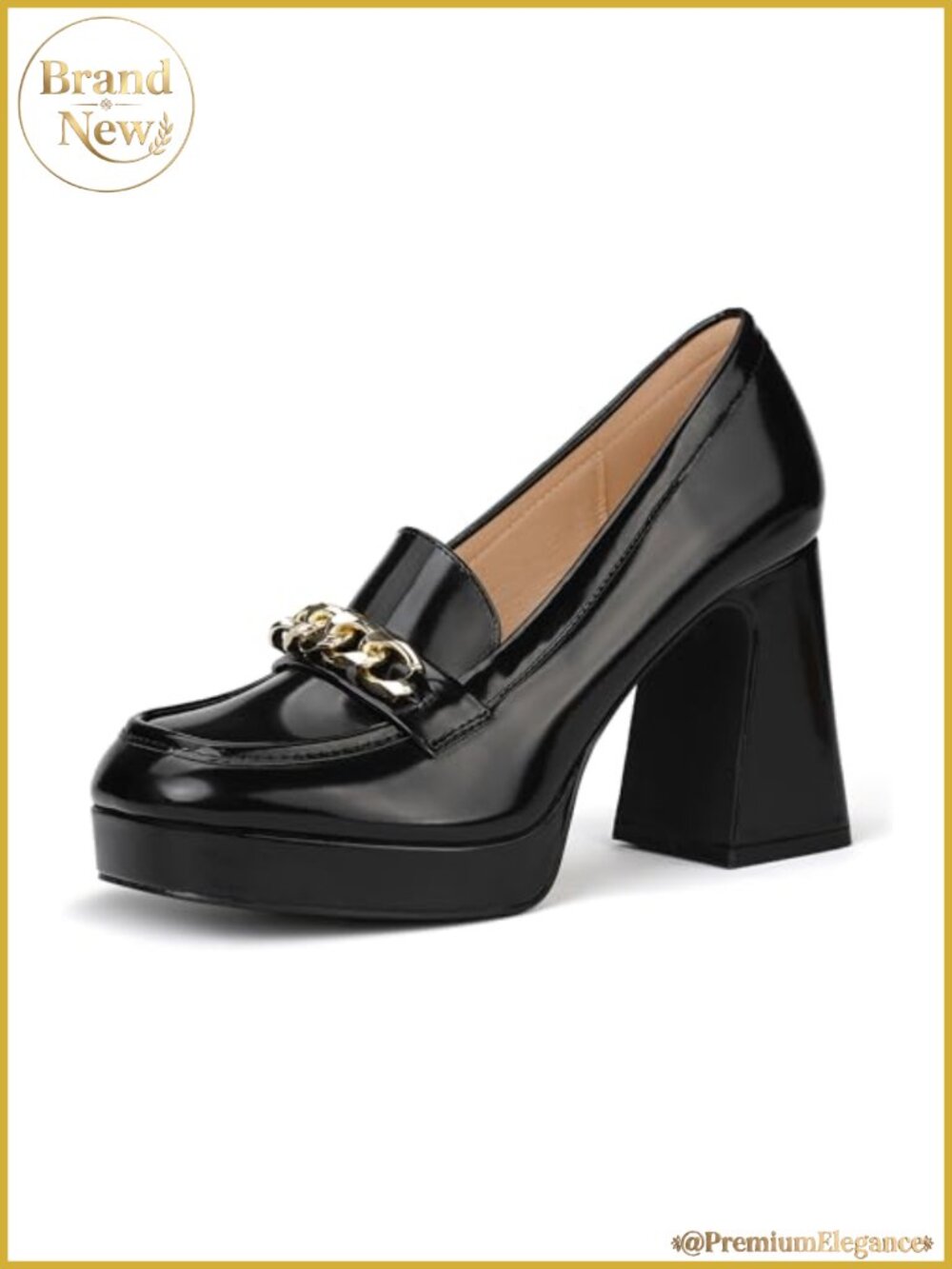 Platform chunky heel loafers with metal chain square toe slip on